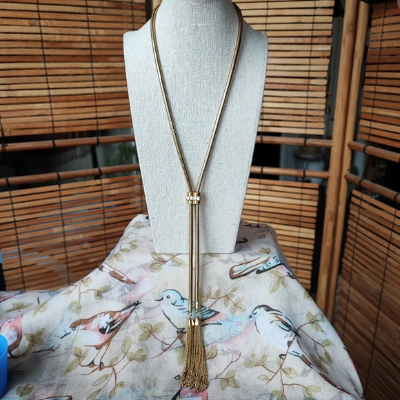 Stella and Dot Signed Brass Tone Long Slide Snake Chain Necklace Dual Tassels - Picture 1 of 10